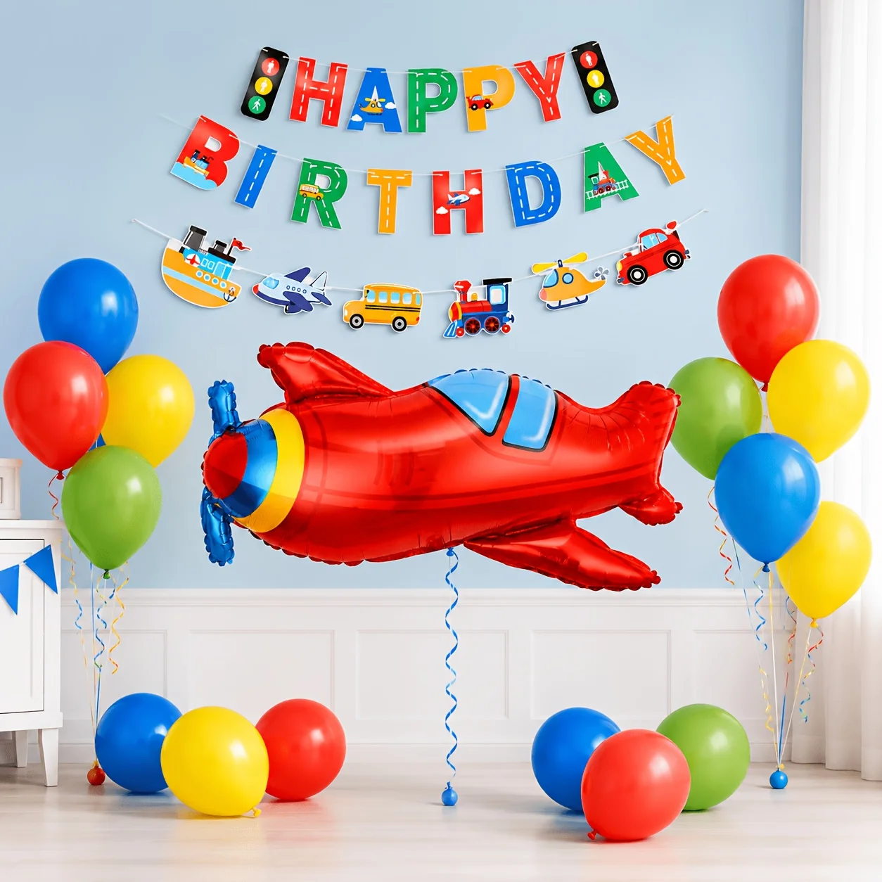 Geburtstagsparty-Zubehör mit Transportthema, Happy Birthday Banner mit Fahrzeug-Ausschnitten, Girlande, großer roter Flugzeug-Folienballon