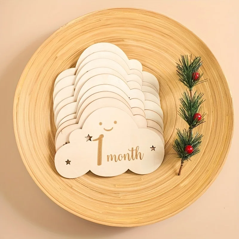 8pcs Wooden Baby Milestone Cards Cloud Signs Monthly Photo Cards Baby Growth Cards Pregnancy Journey Markers Baby Photo Props