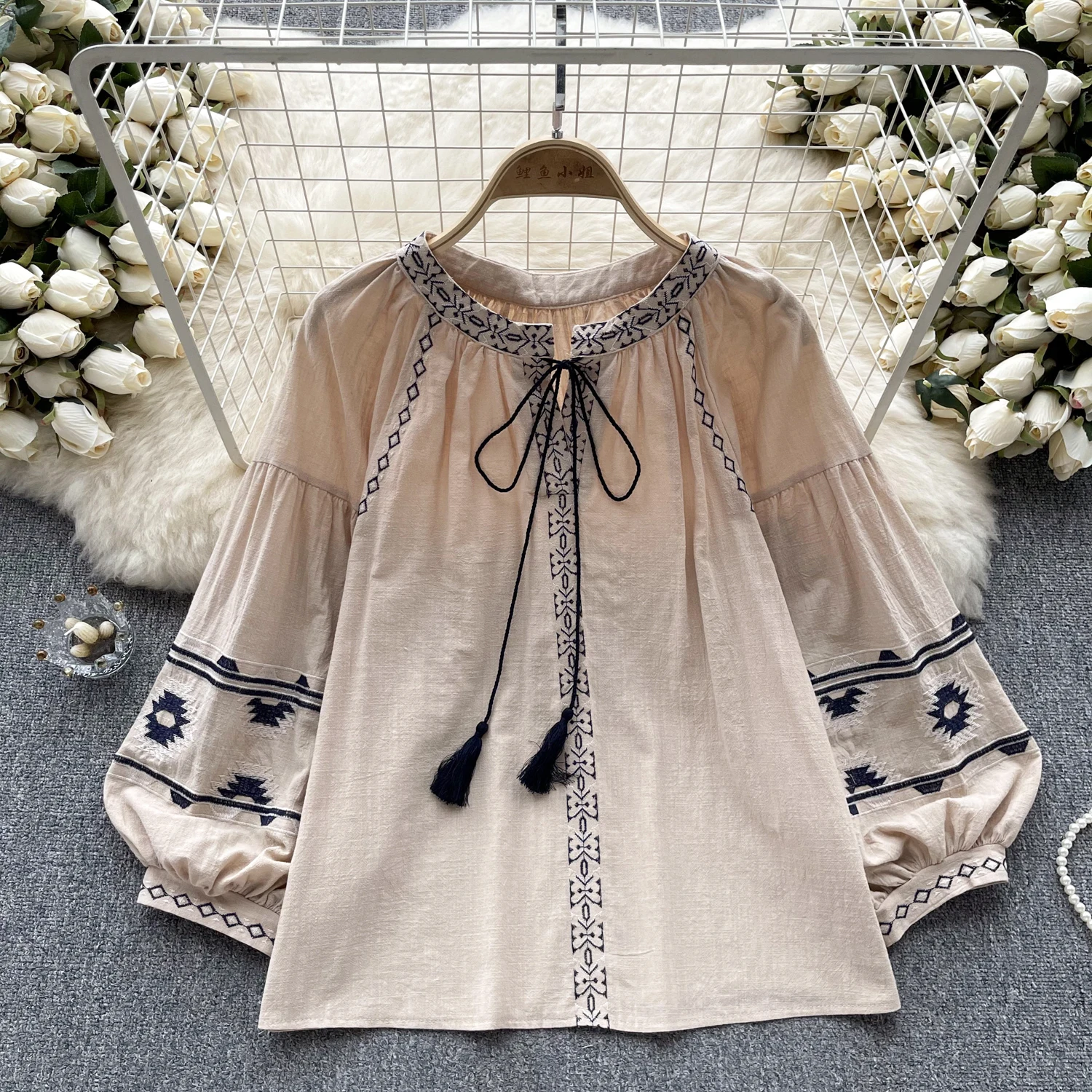 Vintage Elegant Embroidery Long Sleeve Blouse Fashion O-neck  Shirt  Casual Chic Top Fairy  Summer Women