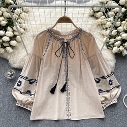 Vintage Elegant Embroidery Long Sleeve Blouse Fashion O-neck  Shirt  Casual Chic Top Fairy  Summer Women