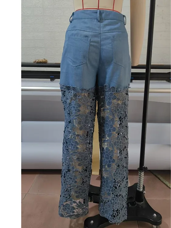 Hoge taille kant uitgehold denim wijde pijpen broek dames casual heldere pailletten rits lange broek blauwe jeans