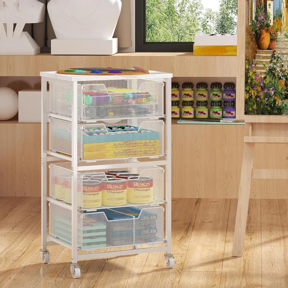 White Rolling Storage Cart with 4 Drawers, Wooden Top & Wheels for Craft, Office, Kitchen Organization