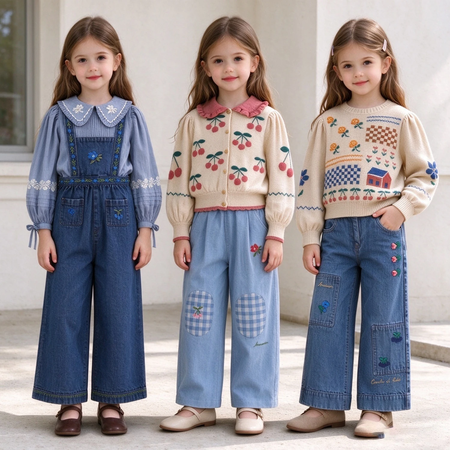 Children Embroidered Clothes Set Cute Floral Cherry Knitted Cardigan Striped Blouse and Denim Looping Pants Spring and Autumn
