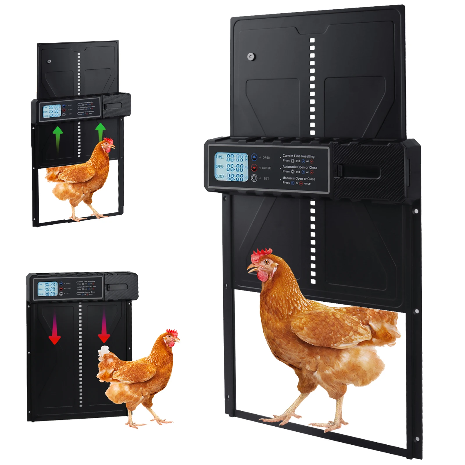 Puerta Automática de Aluminio para Gallinero con Pantalla Grande Impermeable y Temporizador, Puerta Eléctrica Inteligente para Pollos y Patos con Protección Antipinzamiento