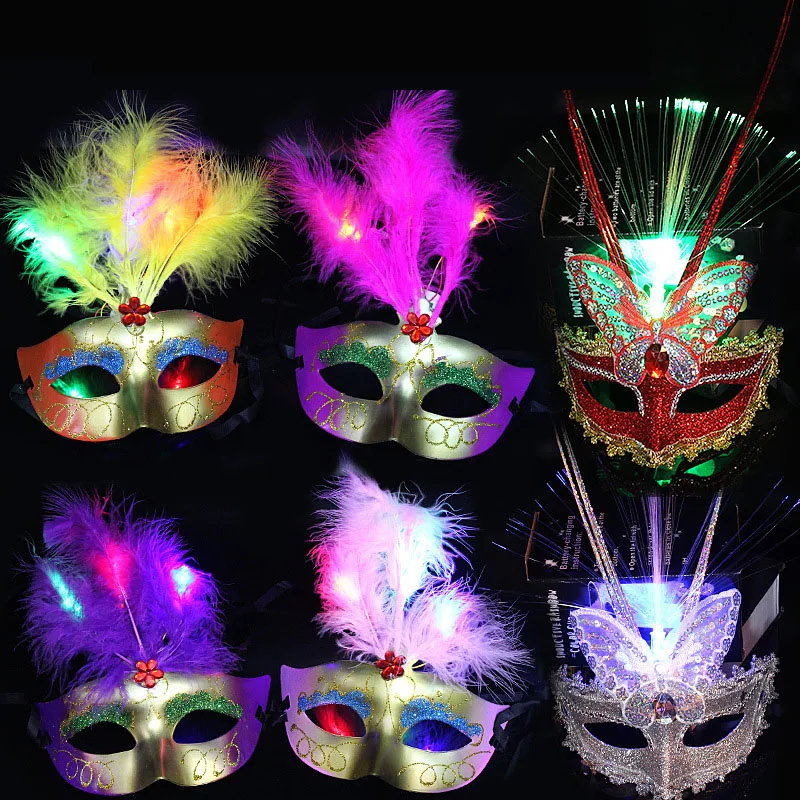 

10pcs Glow LED Light Up Mardi Gras Masquerade Feather Masks Butterfly Venetian Mask Party Wedding Christmas Decoration