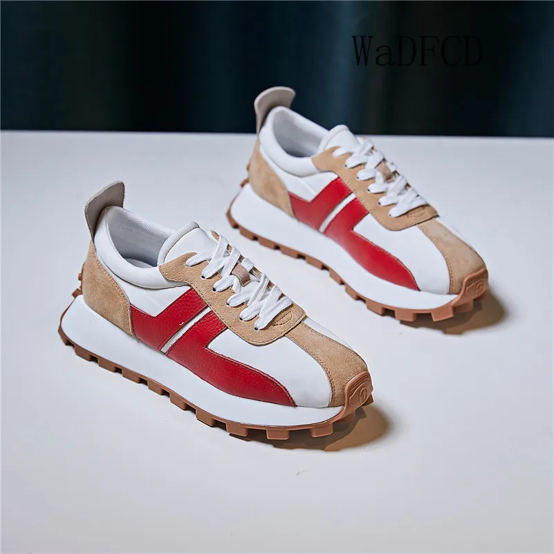 Chunky Sneaker Plus Size 43 Women Retro Running Shoes Fashion Casual Genuine Leather Fabric Height Increased Flat Platform Shoes