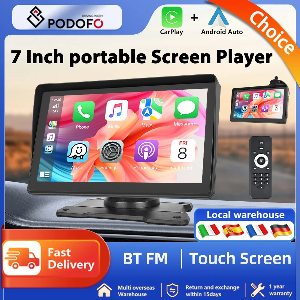 Podofo 7inch Car Radio Multimedia Video Player Wireless Carplay Android Auto Touch Screen Monitor For Universal BT FM Radio