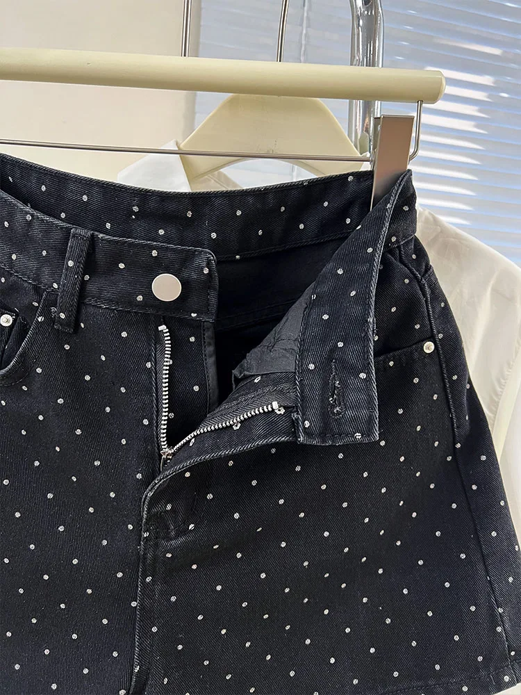 Weibliche Hohe Taille Abnehmen Schwarz Polka Dot Denim Shorts Sommer Neue Stil Vielseitig Breite Beine A-line Hüfte Hot Hosen