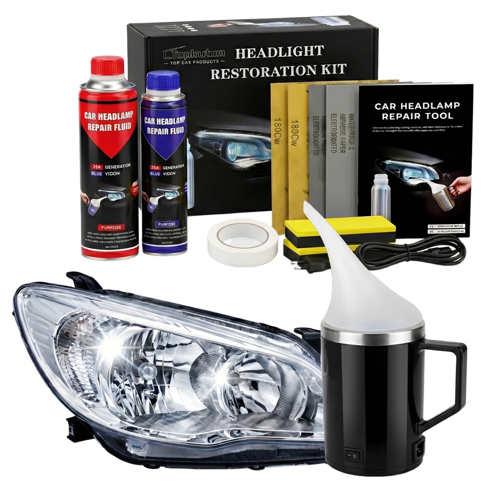 Kit de Restauración de Faros Delanteros para Automóviles Profesional 110-220V | Reparación de Amarilleamiento, Rayones y Oxidación | 800g+300g Fluido y Atomizador