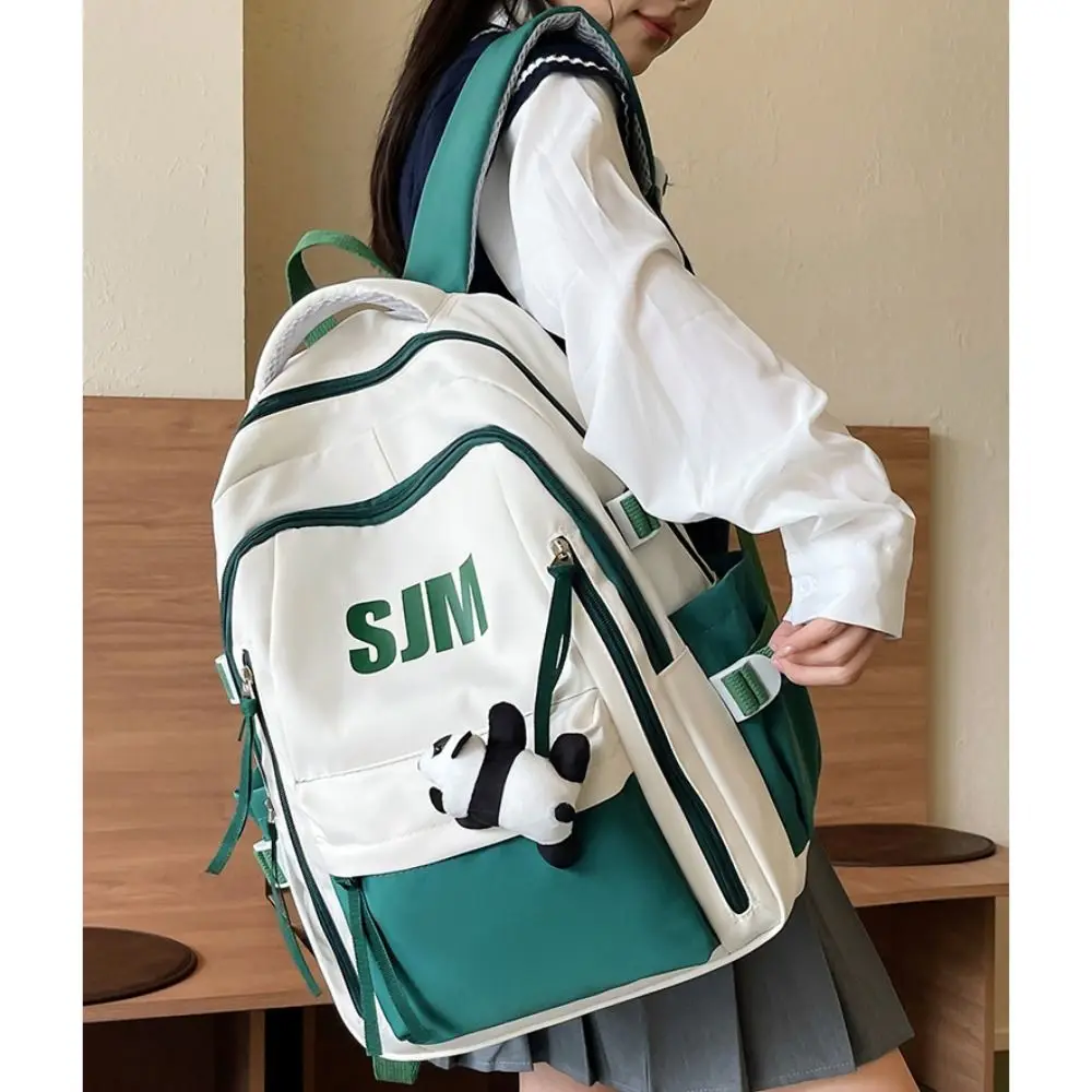 Versatile Panda Pendant Backpack Trendy Nylon Large Capacity Travel Bag Lightweight Schoolbag Women Girl