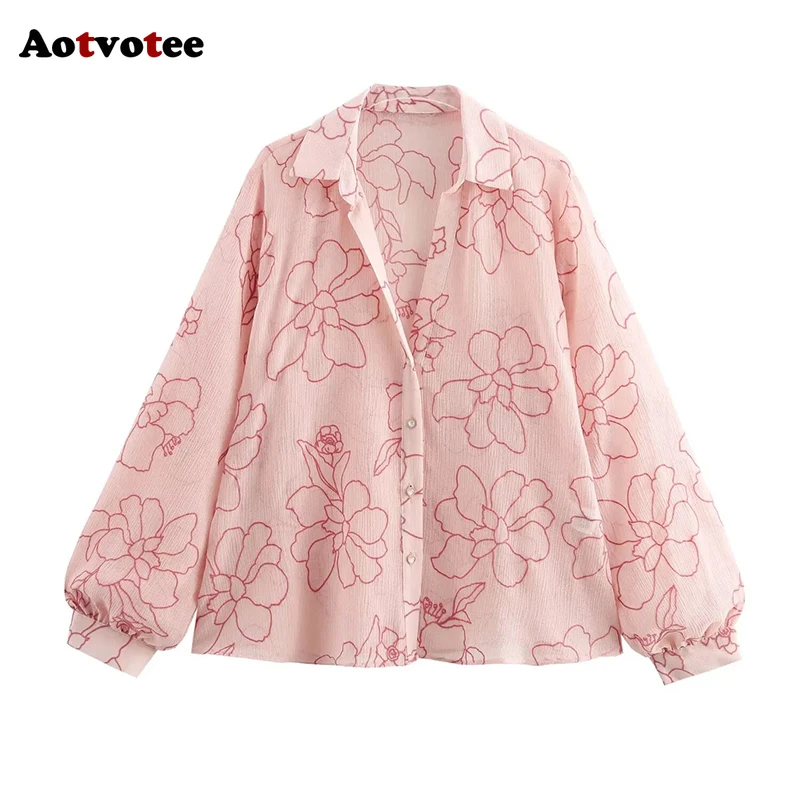 

Aotvotee Shirts for Women Print Turn-down Collar Long Sleeve Chic Blouses Spring Summer 2025 New Fashion Female Casual Shirts
