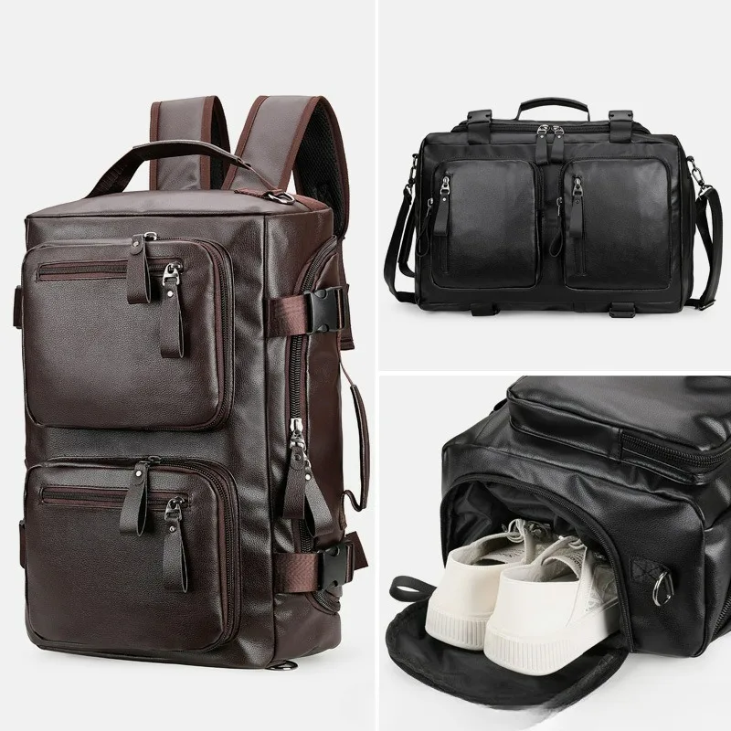 

Men Backpack School Vintage PU Leather Scratch‑Resistant Casual Travel Bag for Women Messenger Bag with Shoe Compartments