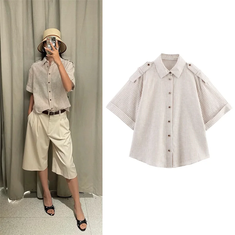 

Women's Blouse New Summer 2025 Contrasting Mid-sleeved Shirt Striped Trim Design Casual Fashion Slouchy and casual