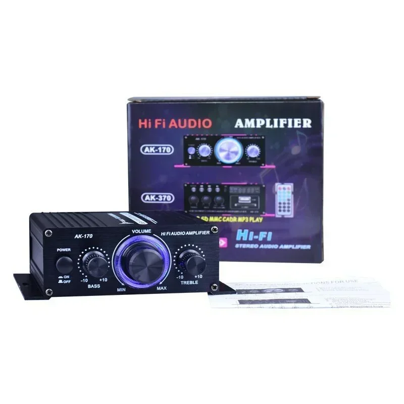 AK170 Mini Digital Power Audio Car Amplifier Blue Light Stereo Audio Amplifier for Home Theater Club Party Music 200W x2