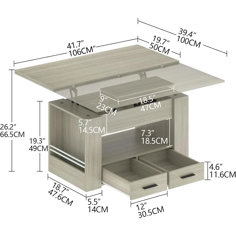 Lift Top Coffee Table, 4 in 1 Multi-Function Coffee Table with Storage Shelf and Hidden Compartment, Center Table with Large Dra