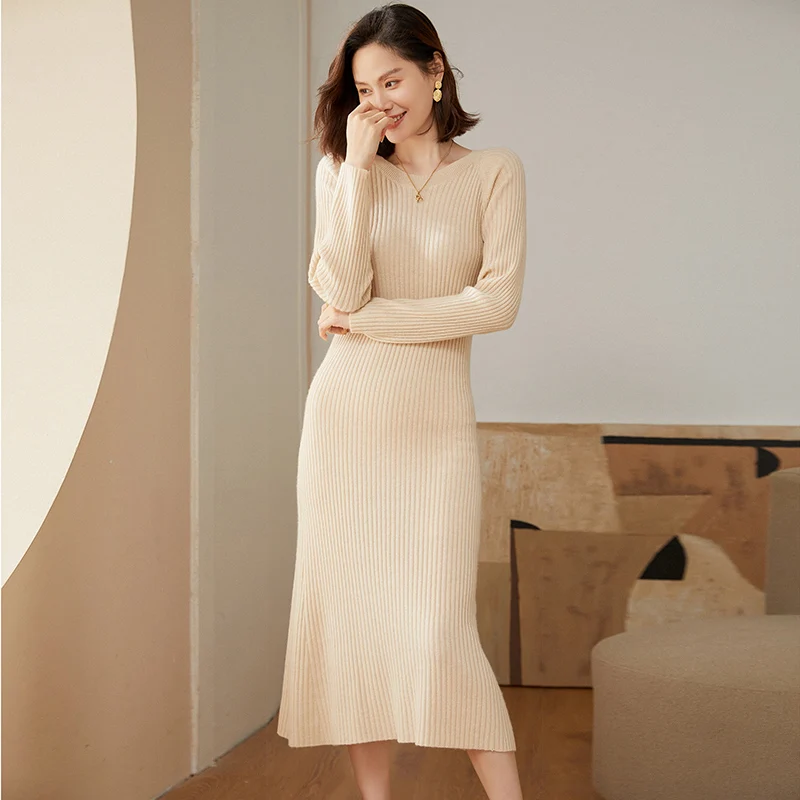 

Hot Sale 100% Pure Cashmere Women High Elastic Long Sweater Dress Autumn Winter Female Long Sleeve Knit Dress Warm Girl Clothes