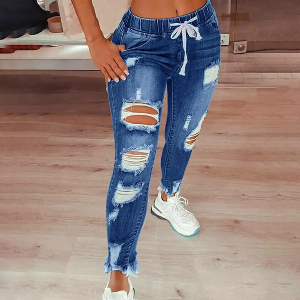 Women Jeans Ripped Hole Stretchy Summer Slim-fitting All Match Denim Pants Pure Color Full Length Denim Pants Denim Trousers
