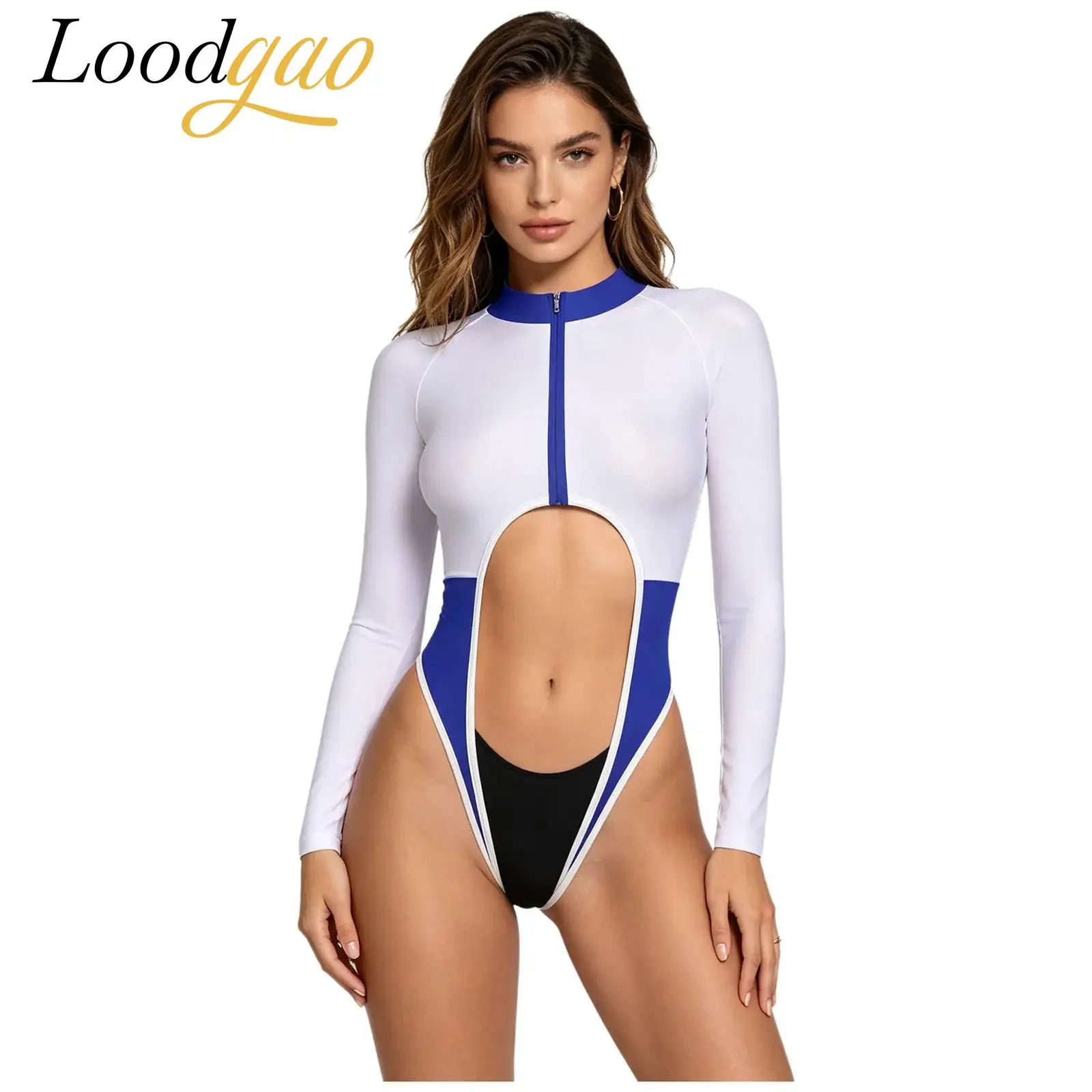Womens Long Sleeve Zipper Bold Cutout And Open-crotch Bathing Suit Beach Jumpsuit Swimwear Anime Style Swimming Bodysuit