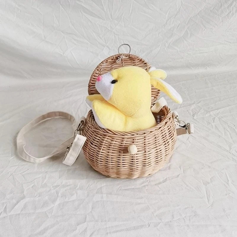 Rattan Woven Crossbody Bag Storage Basket with Lid Toy Container for Children Boys Girls Shoulder Bags Multipurpose 15UB