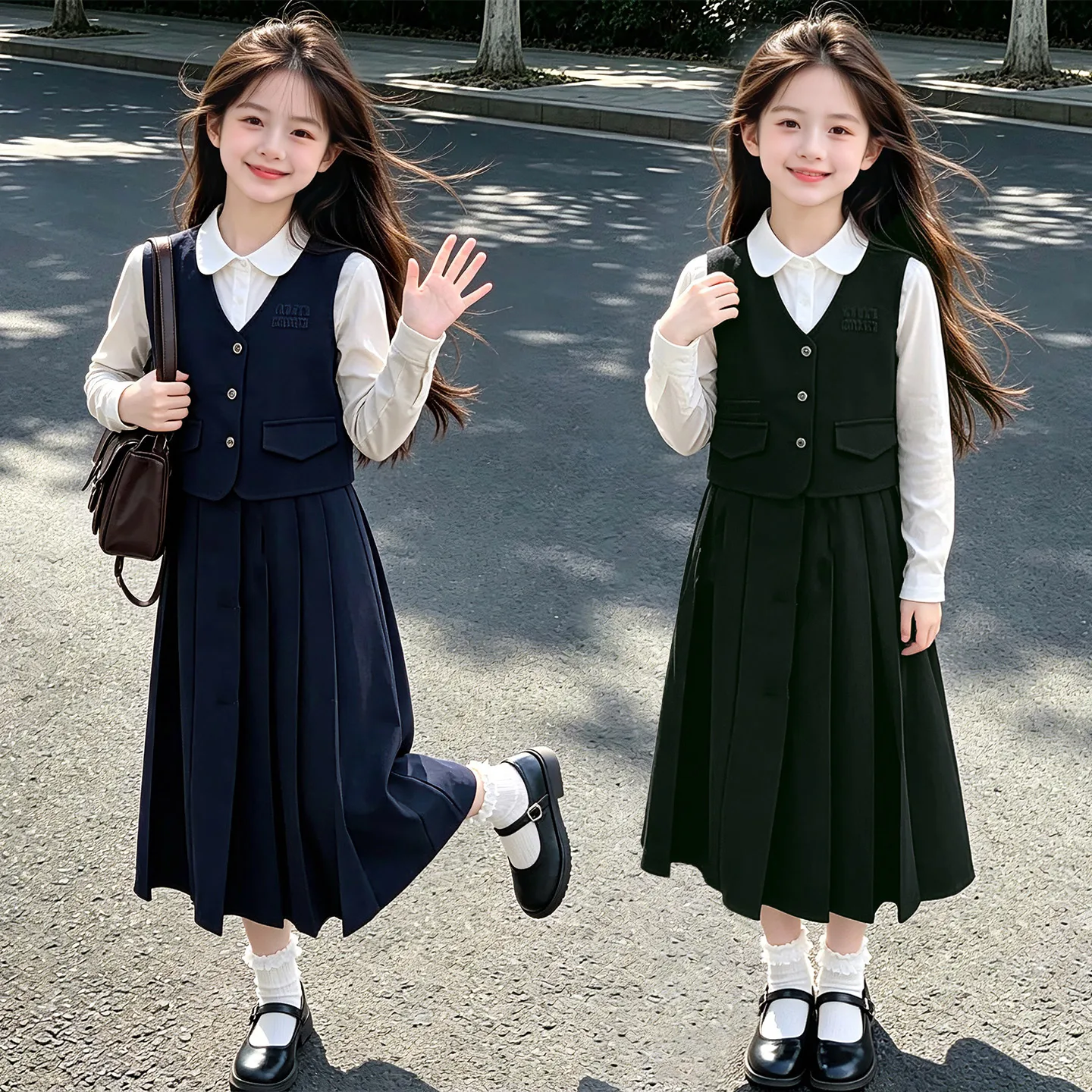 teen girls College style skirt set vest cotton white shirt Pleated long skirt 3pcs junior child kid JK clothes suit outfits 4-14