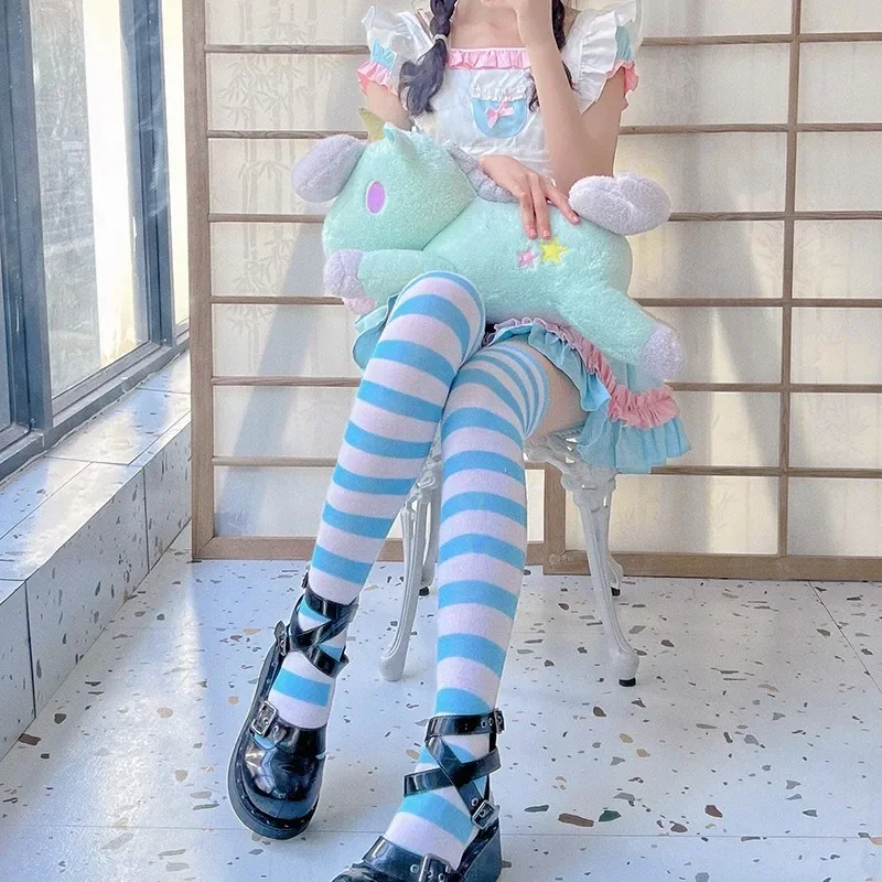 Calzini a righe lunghe con stampa zampa di gatto adorabile Anime coscia alta sopra il ginocchio donna ragazza Cosplay studente Kawaii Lolita calze di cotone