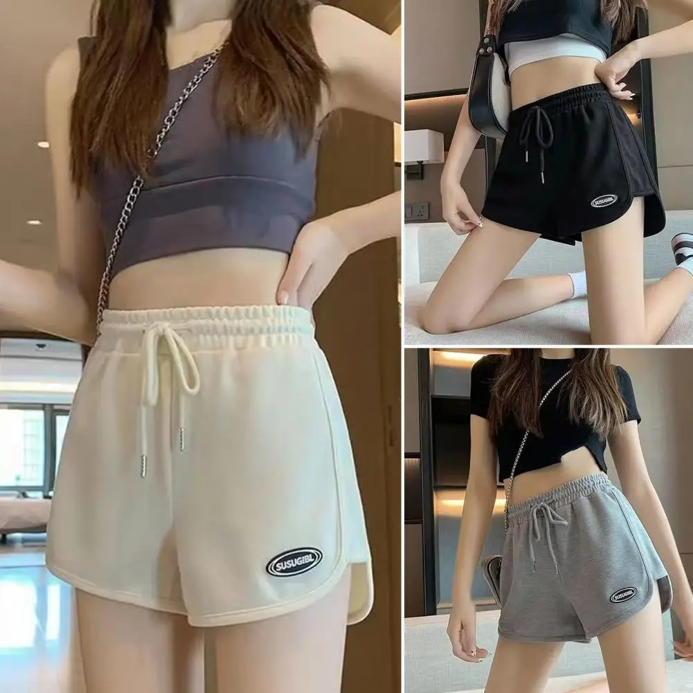 Women Summer Shorts Elastic Drawstring High Waist Shorts Pockets Solid Color Logo Print Wide Leg Short Pants Streetwear 여성용 반바지