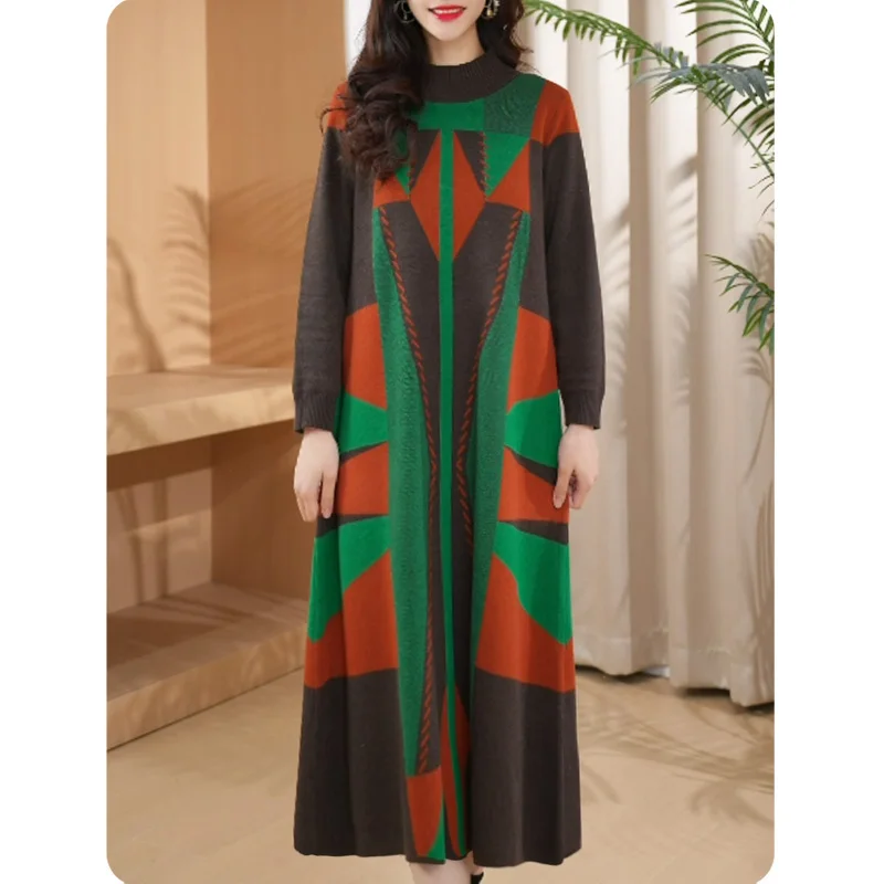 Women Elegant Casual Commute O-neck Knit Dress 2024 Autumn Winter Thick Warm Striped Jacquard Wool Pullover Dresses