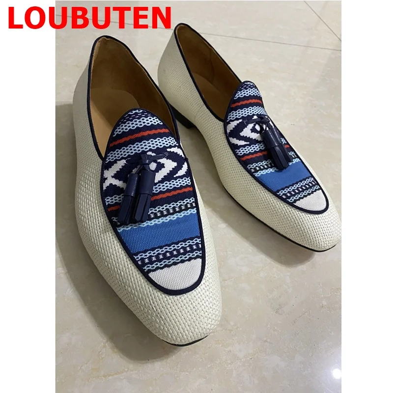 LOUBUTEN Free Shipping Patchwork Jacquard Weave Tassel Loafers Men Casual Shoes Fashion Mocasines Handcrafted Mens Dress Shoes