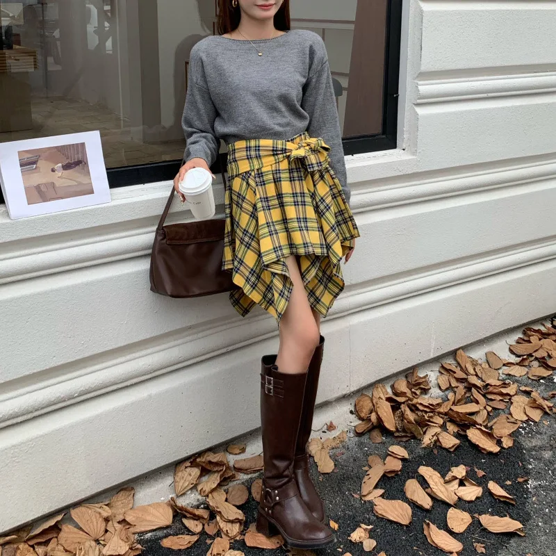 Autumn New Irregular Grid Short Skirt with Elastic Waist Grid Tie Strap