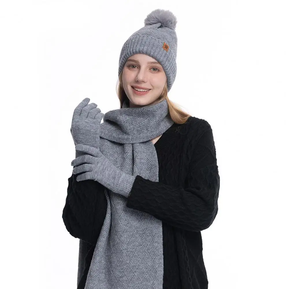 

Fur Ball Hat Winter Long Scarf Winter Outdoor Cycling Dome Neck Wrap Set with Thick Knitted Warm Cap Gloves Elastic Ear