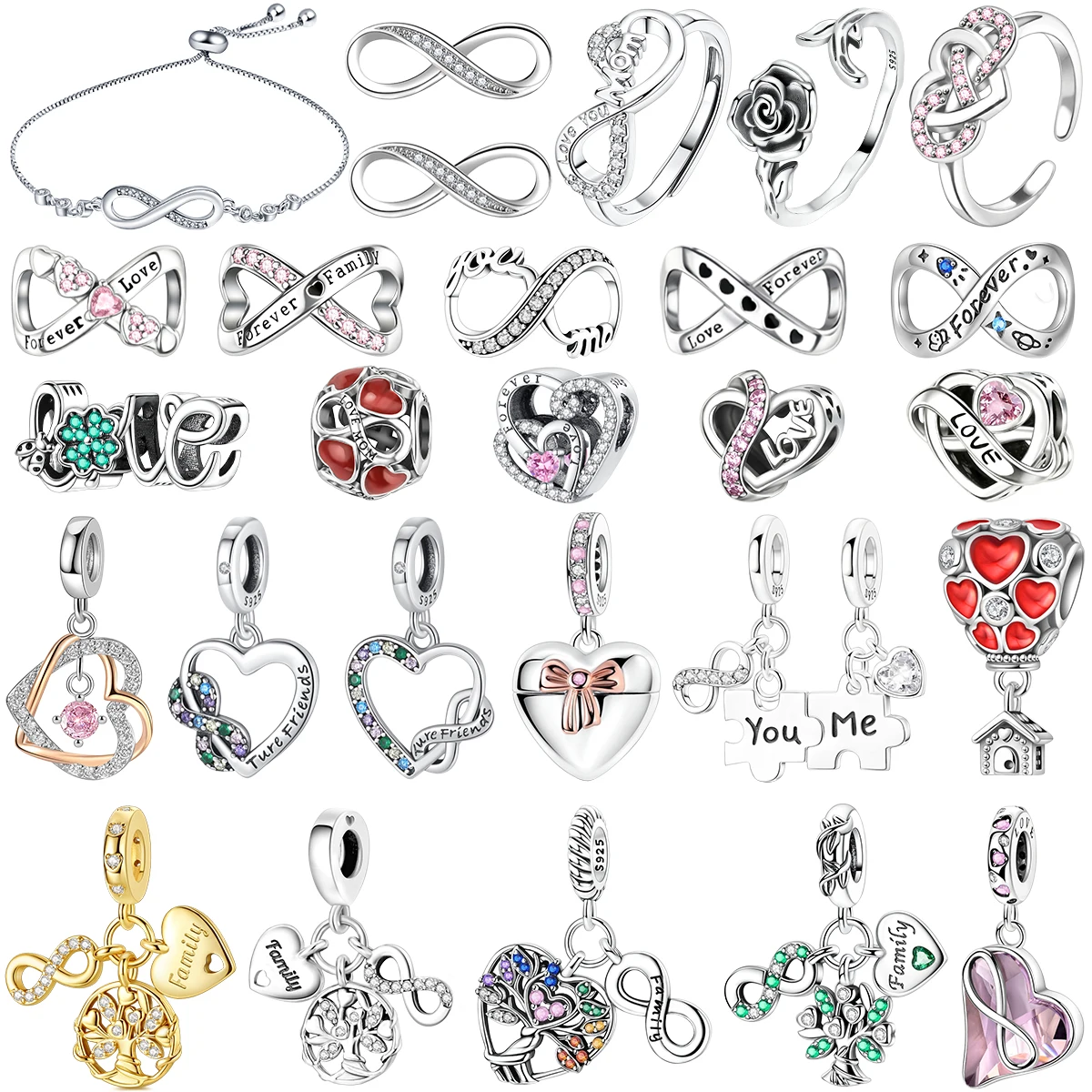 Offre Spéciale : Breloques porte-bonheur infinies en argent sterling 925, pendentif cœur Famille Éternelle, perle pour bracelet, collier, bijoux DIY, cadeau