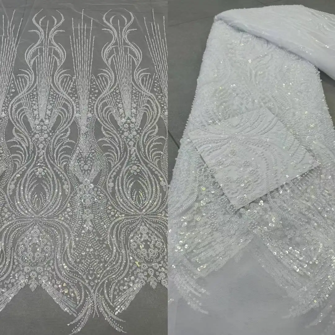 

African Sequins Beaded Lace Fabrics Wholesale 2025 High Quality Nigeria Lace French Lace Fabric For Wedding Dresses Cloth