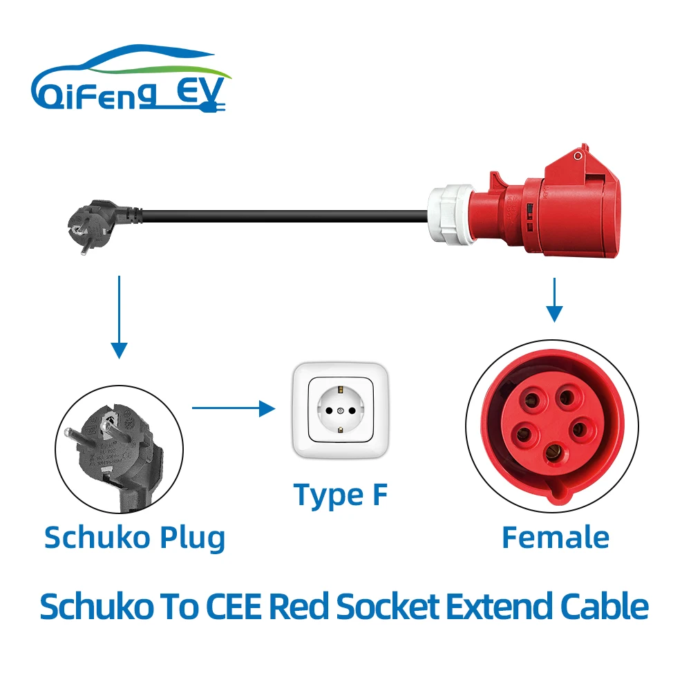 

QiFeng EV Charger CEE Female Plug 5 Pins Red CEE to Schuko Adapter Wall Socket Extend Cable Connect with 22KW 32A Charger