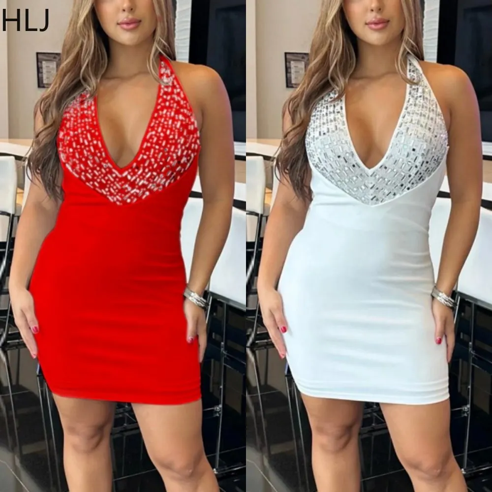 

HLJ Sexy Halter Rhinestone Bodycon Party Club Mini Dresses Women V Neck Sleeveless Backless Slim Vestidos Fashion Solid Clothing