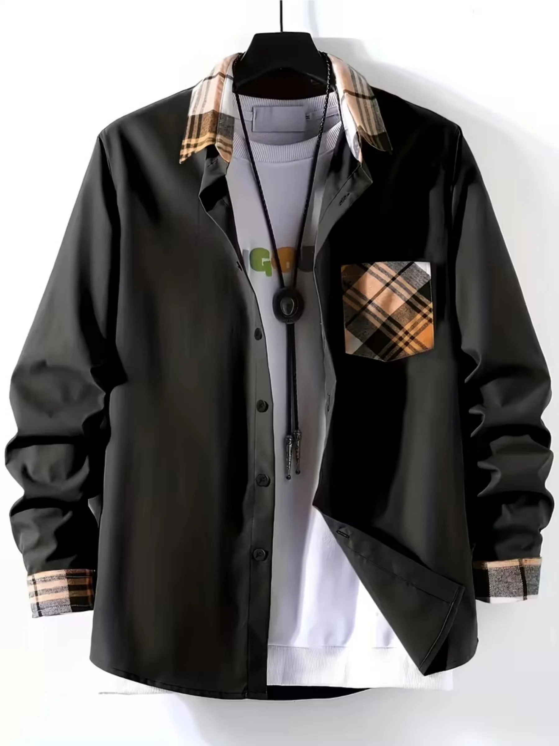 

Новая мужская одежда, рубашка с длинными рукавами и решетчатыми карманами, мужская деловая повседневная черная рубашка, топы, 100% полиэстер