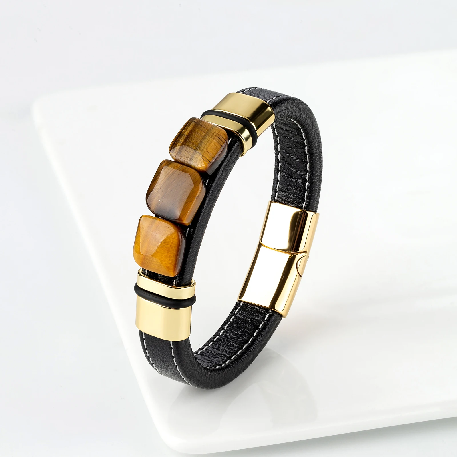 New Multi Color 3 Square Natural Old Tiger Eye Vintage Jewelry Charm Wide Leather Rope Men's Stainless Steel Bracelet Jewelry - view 3