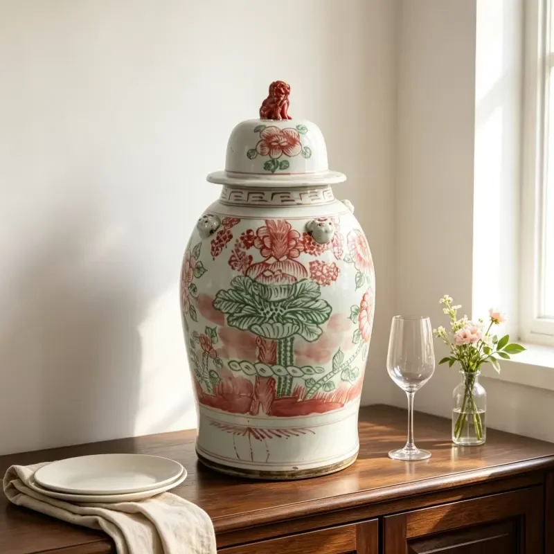 Vintage Ceramic Storage Jar with Lion Lid Red Green Pine Landscape Design Antique Temple Pot for Villa Entrance Cabinet