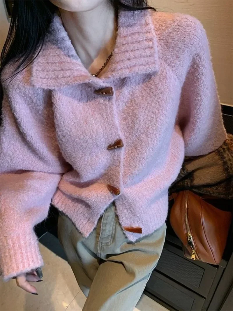 Novo cardigã de malha feminino outono e inverno oversized solto camisa de malha lapela botão cardigan jaqueta