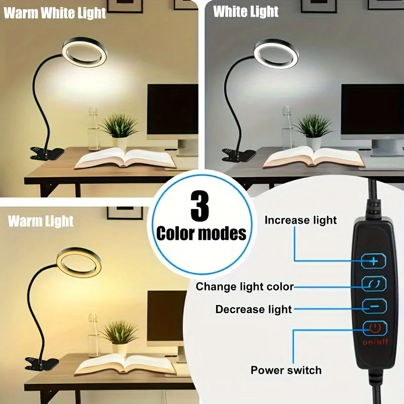 USB Powered Ampliação LED Desk Lamp, mãos livres Desk Lamp, flexível Gooseneck e Clamp, 3 modos de cores, 10 níveis de brilho