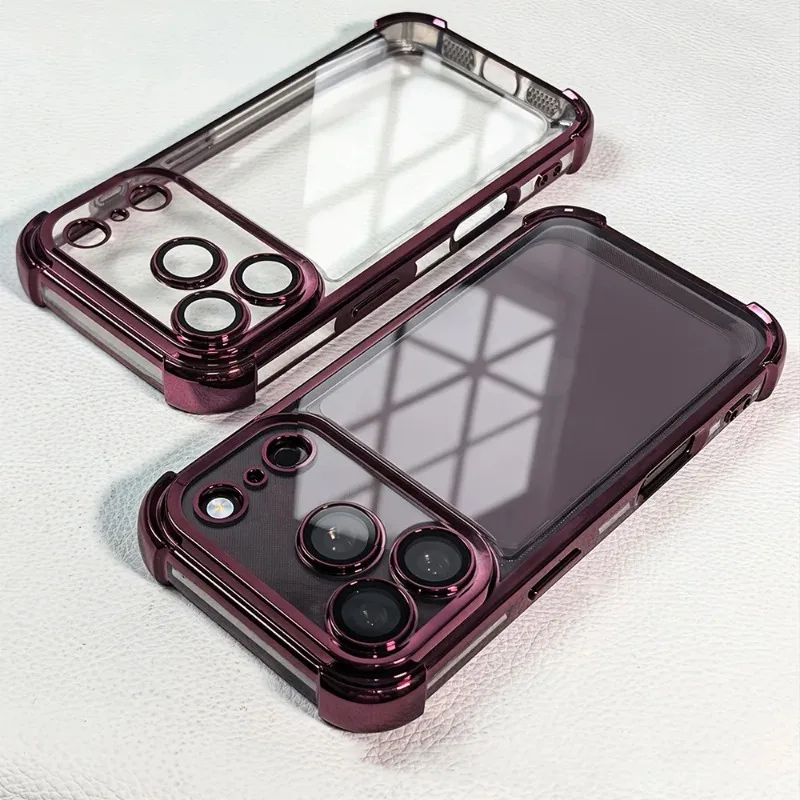 Luxury Electroplate Shockproof Transparent Phone Case For iPhone 18 Pro 17 15 14 13 12 16 Pro Max Lens Films Bumper Clear Cover