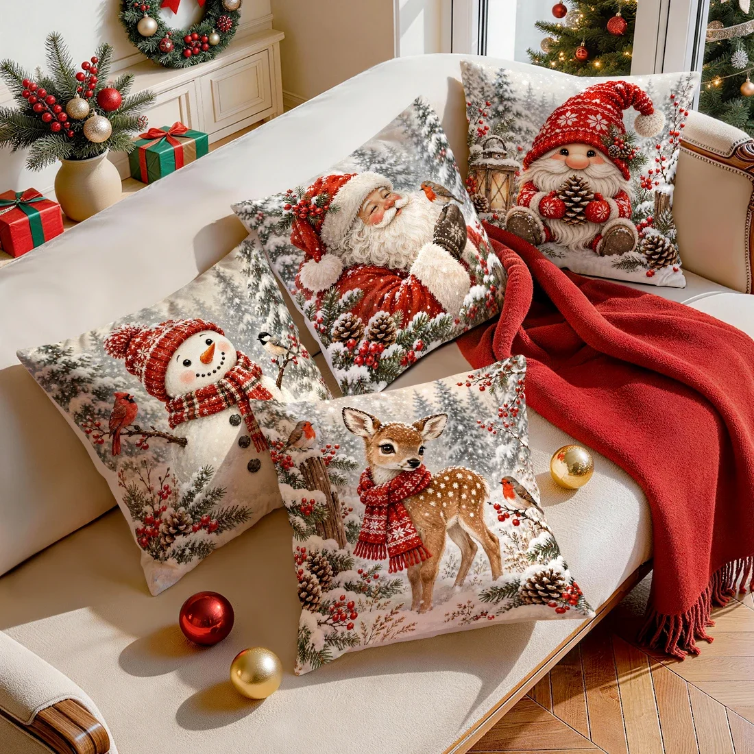 1/4pcs Christmas Winter Forest Cushions Pillowcase Polyester Cushion Cover Throw Pillow Pillowcover Home Car Sofa Decor