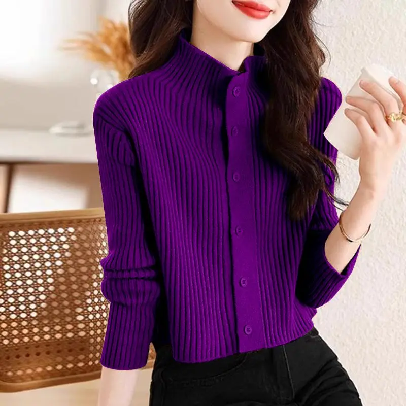 Half High Collar Knitted 2024 New Women\'s Autumn Winter Spliced Button Screw Thread Fashion Solid Color Casual Long Sleeve Tops