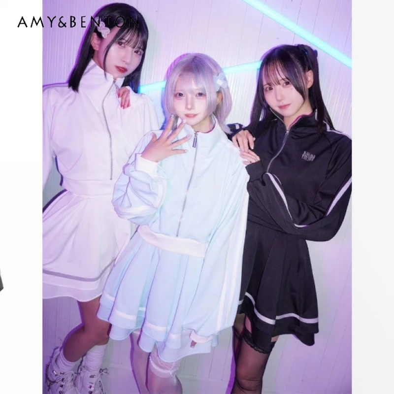 اليابانية Harajuku الحلو فتاة باردة الوقوف طوق سترة قصيرة وتنورة مطوي قطعتين مجموعة المرأة القوطية ثقافة فرعية الموضة