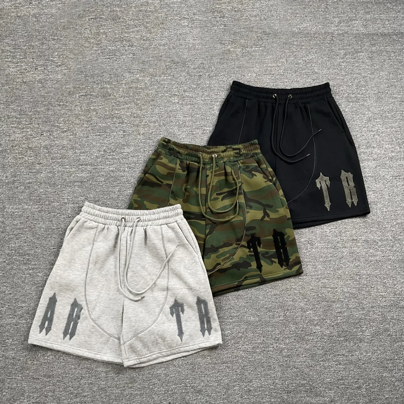 

American High Street Casual Letter Embroidery Fce Lined Dstring Camo Five-Quarter orts Men's Loose Fit Straight Leg C...