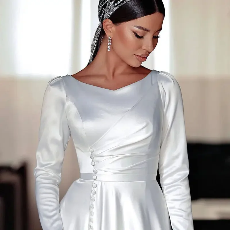 Robe de Mariée en Satin sur Mesure pour Femme Musulmane, Vêtement Simple à Manches sulfavec lèvent sur le Devant