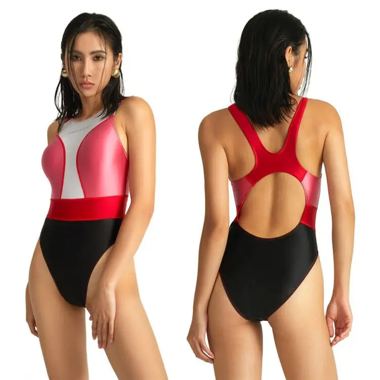 

AMORESY Women Summer Satin One Piece Swimsuit Glossy Sleeveless High Waisted Spandex Bodysuit Beach Surfing Competitive Swimwear