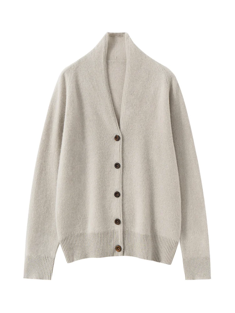 

Neck-Protection Edge-Trimmed Cardigan Sweater 100% Cashmere Knitwear Women's Soft Warm Simple Autumn Winter Clothing Tops