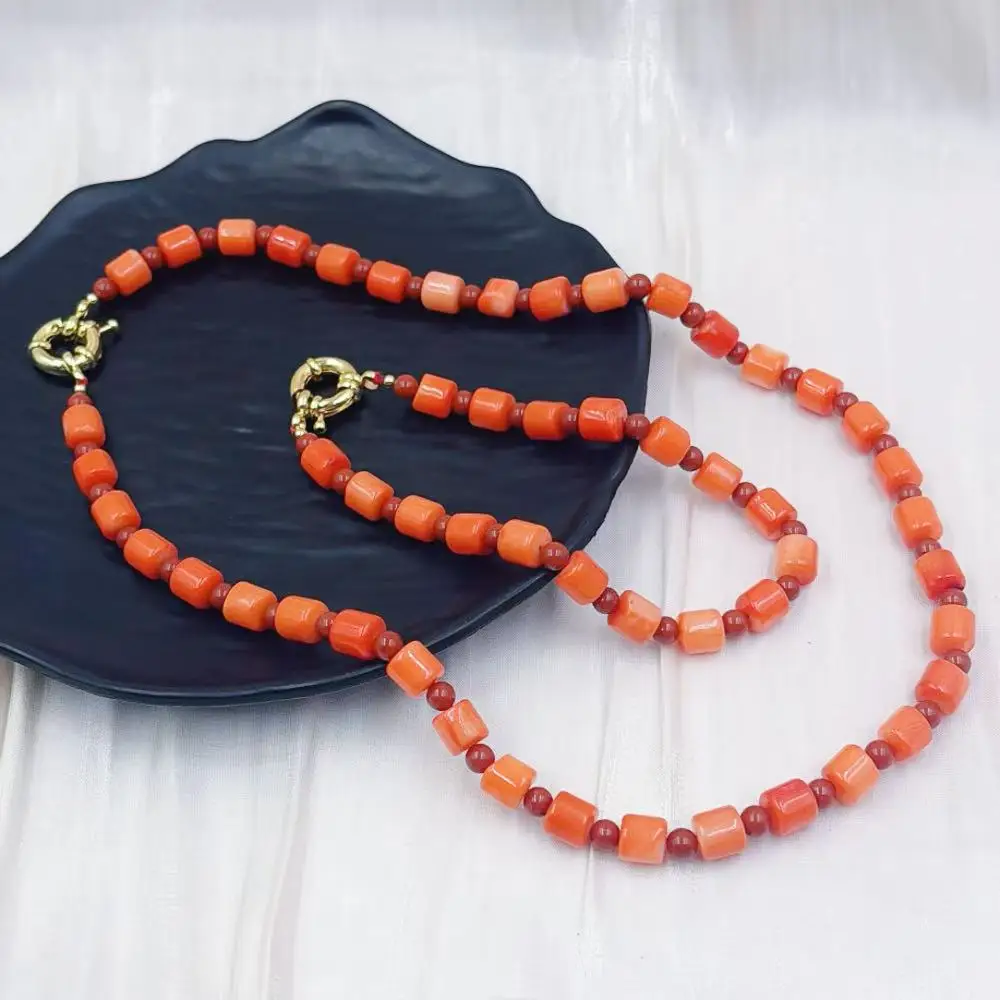 Woman Fashion Red Jasper Retro Natural Sea Bamboo Orange Coral Necklace Bracelet Jewelry Set