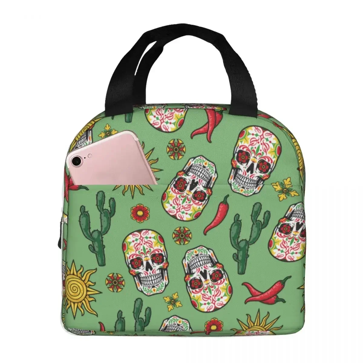 

Lunch Bag for Women Kids Colorful Vintage Mexican Sugar Skull Thermal Cooler Bags Portable Picnic Travel Oxford Tote Bento Pouch