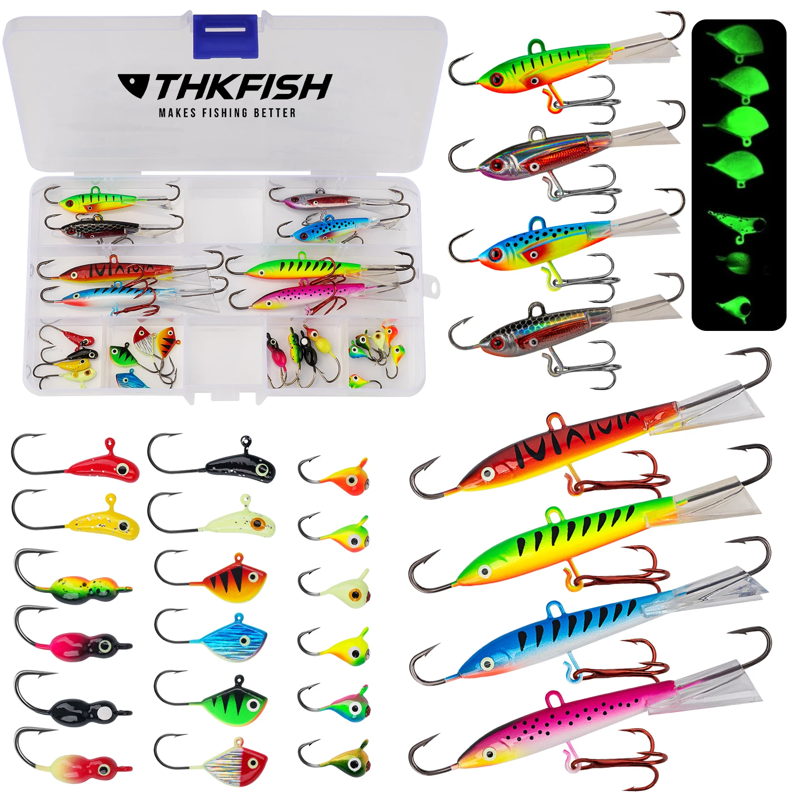 

26pcs Winter Ice Fishing Lures Kit 1.1g-10g Luminous Micro Jig Head Baits Set For Perch Ice Fishing Jigging Hooks